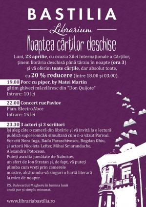 Noaptea cărţilor deschise, pe 23 aprilie la Librăria Bastilia Noaptea cărţilor deschise, pe 23 aprilie la Librăria Bastilia
