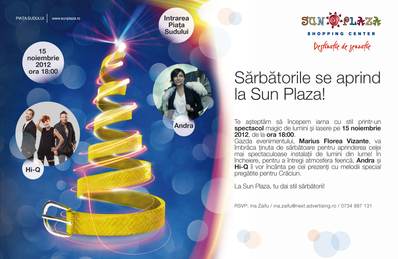 Luminile de sărbători se aprind la Sun Plaza pe 15 noiembrie Luminile de sărbători se aprind la Sun Plaza pe 15 noiembrie